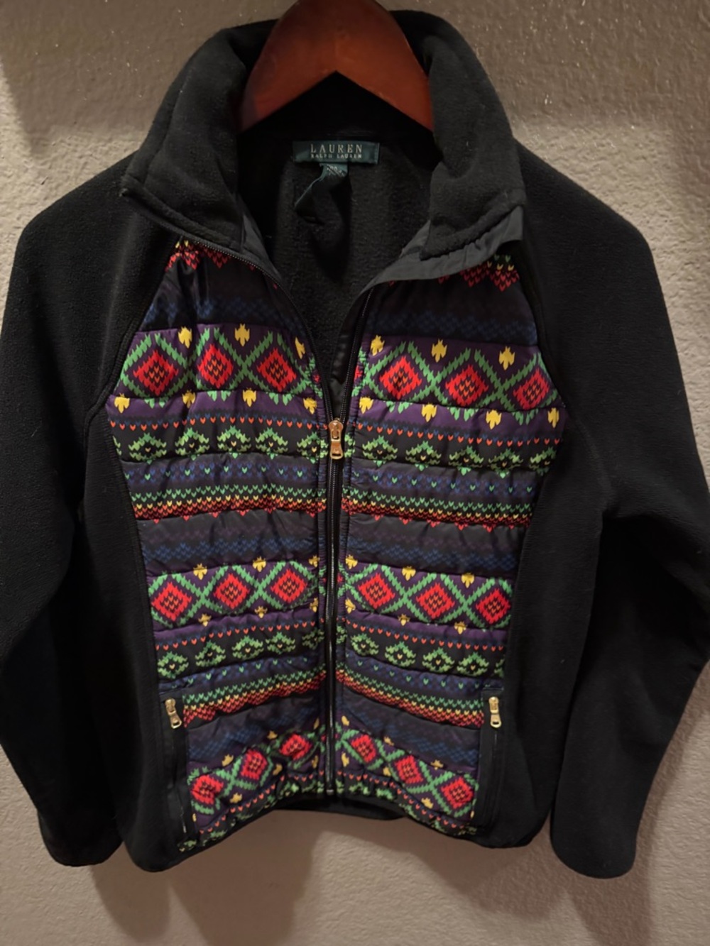 Lauren Ralph Lauren Black Fleece Jacket black Aztec print  size medium Nordic